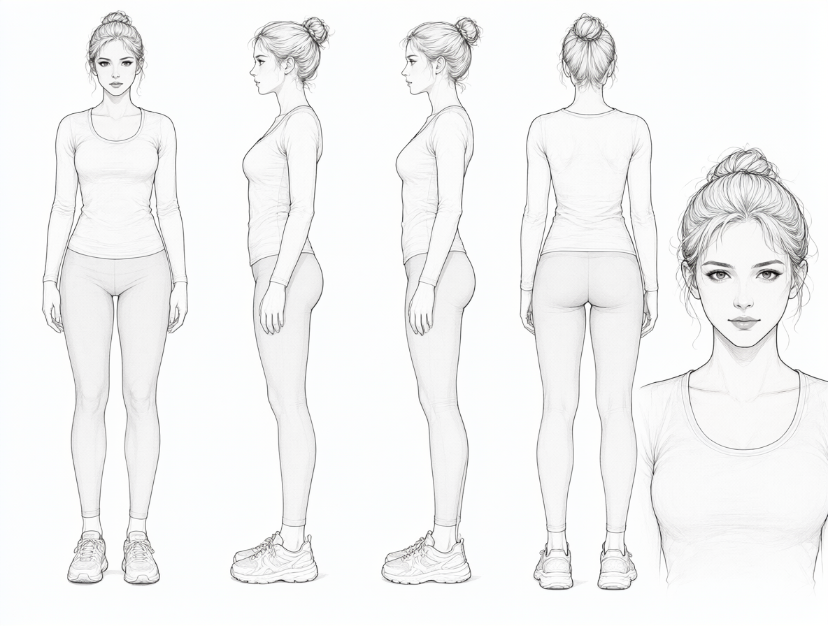 Hoja de estilo de personaje mostrando varias vistas del cuerpo y rostro