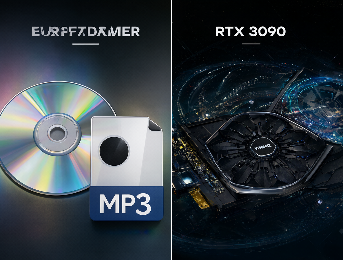 Imagen comparativa entre hardware de audio antiguo y moderno con IA generativa.