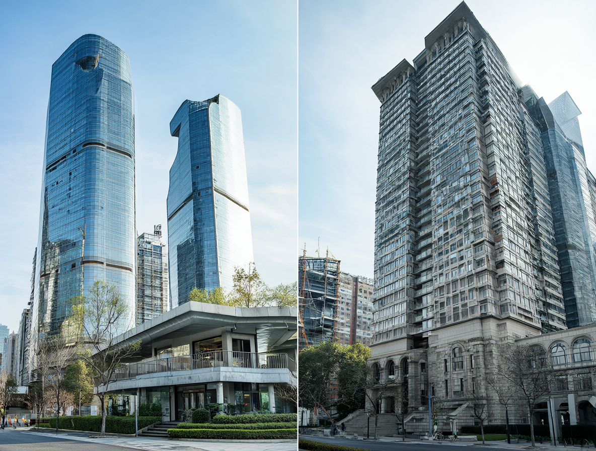 Una composición dividida que muestra la progresión desde una sucursal pequeña hasta un edificio corporativo emblemático.