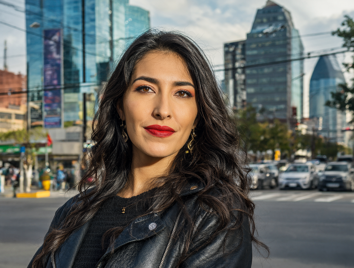 Retrato profesional de una mujer atractiva y segura posando con confianza en un entorno urbano vibrante y moderno de Temuco, iluminada por luz natural que resalta su presencia y el contexto local.