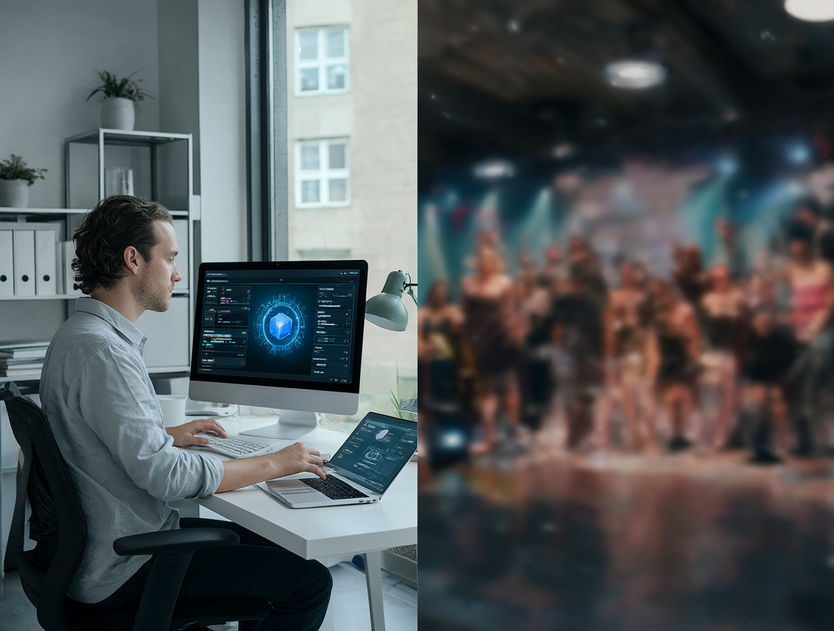 Una persona trabajando con herramientas digitales frente al contexto del entretenimiento adulto