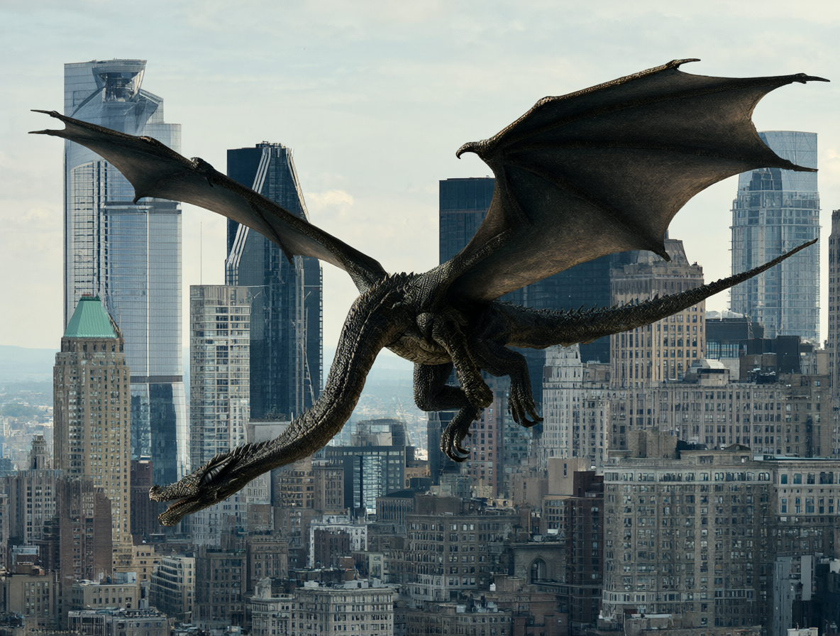 Vista de un dragón gigante volando sobre el horizonte de Nueva York