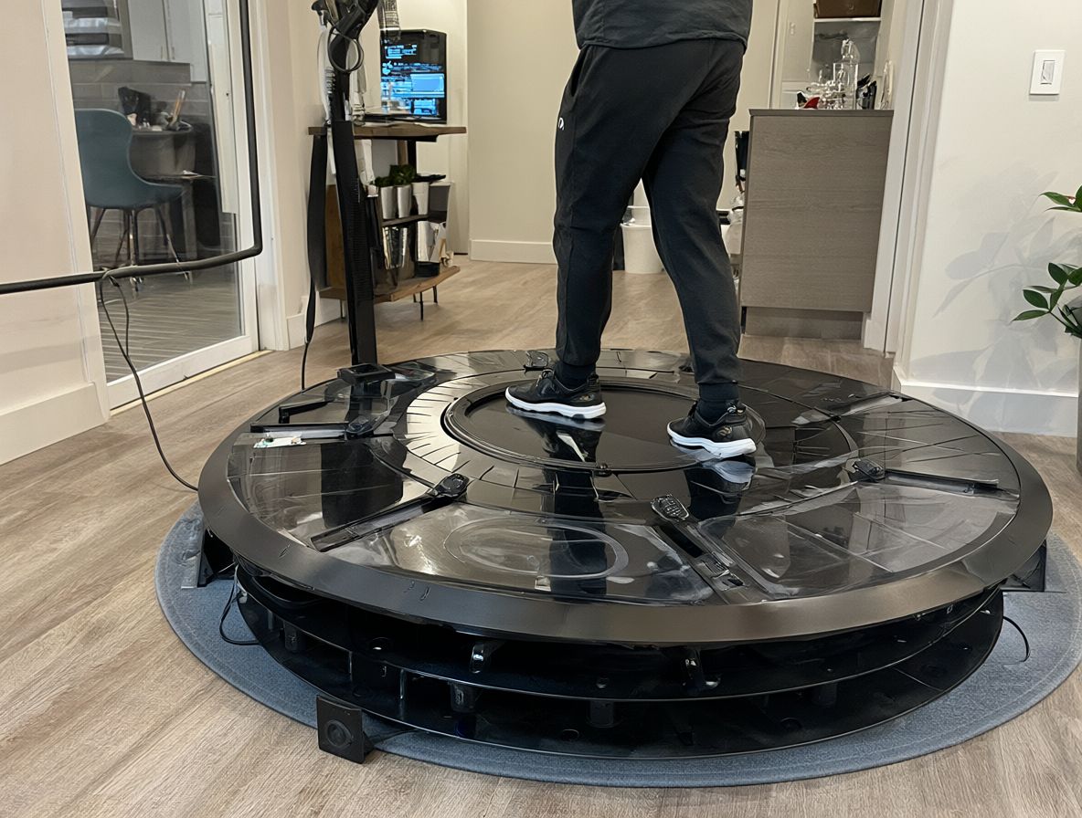 Caminadora VR en un interior iluminado con una persona usando la plataforma.