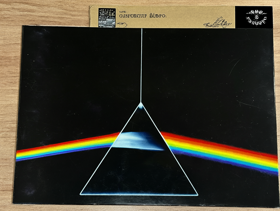 Un póster grande que replica un álbum famoso junto a su versión original y el empaque del producto.