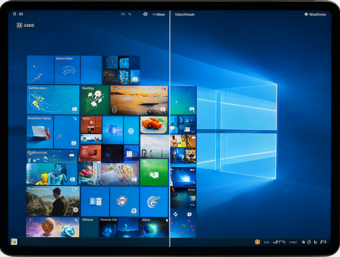 Pantalla dividida mostrando las interfaces de Windows 8 y Windows 11 en una tablet.