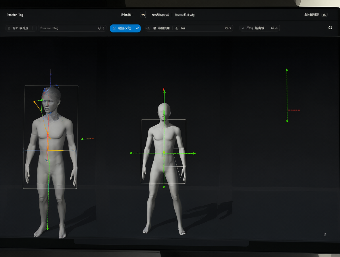Captura de pantalla del software DesignDoll con dos maniquíes humanos y controles de etiqueta visibles.