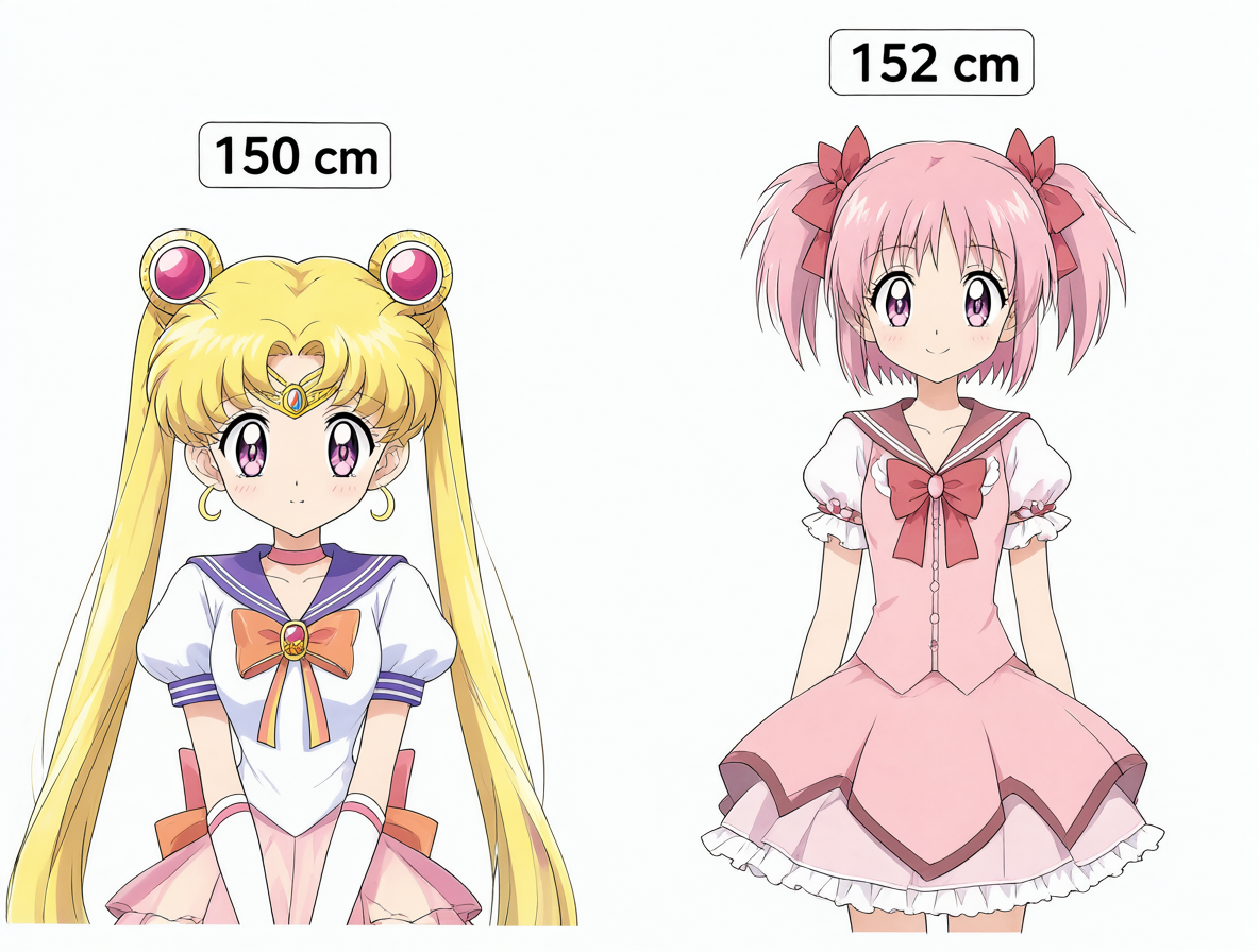 Ilustración comparativa de las alturas canónicas de dos personajes de anime, mostrando sus etiquetas de altura.