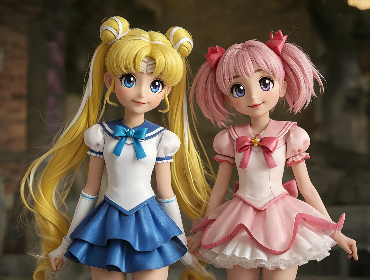 Imagen generativa de dos personajes de anime de pie en un entorno compartido con proporciones ajustadas.