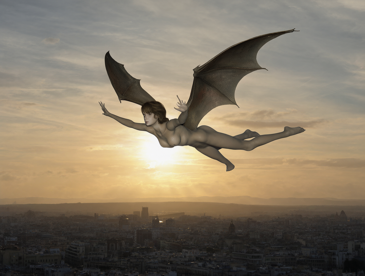Lum flotando en el aire con su pose característica y sus alas de murciélago