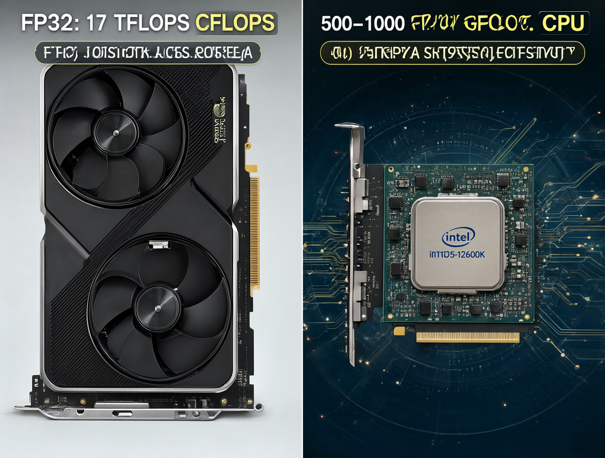 Imagen técnica comparando las especificaciones de cálculo de una GPU contra un procesador de escritorio.