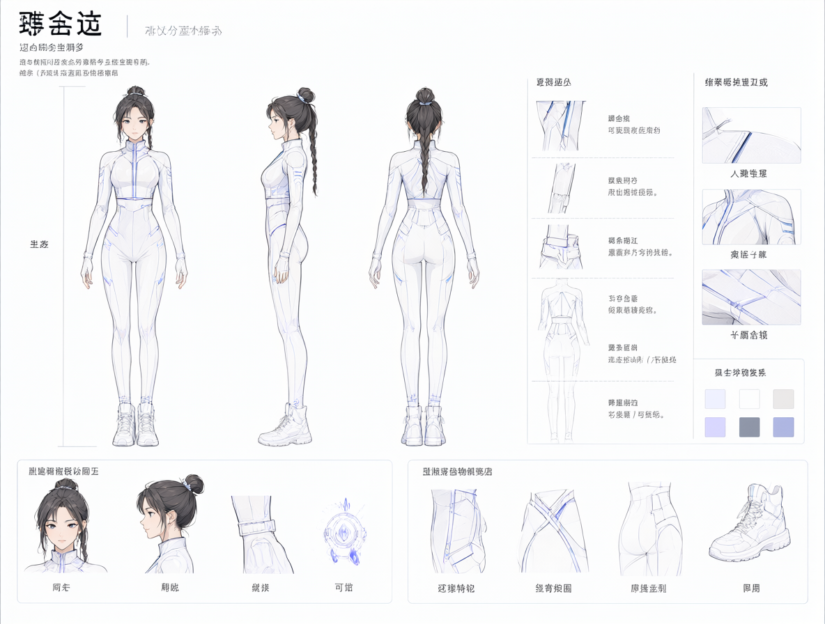 Diagrama limpio mostrando una hoja de estilo de personaje con secciones etiquetadas y un retrato de cuerpo entero aislado.
