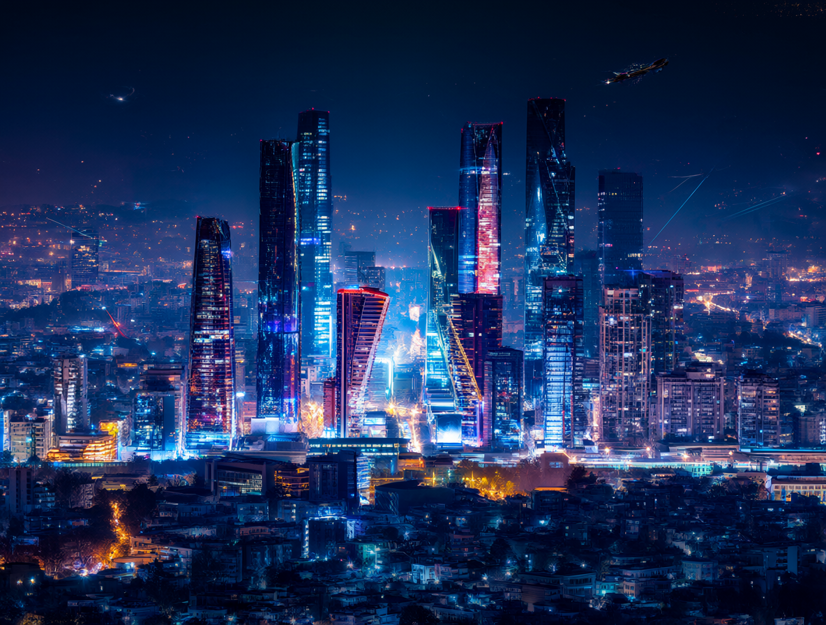 Ciudad futurista brillante que representa el consumo masivo de IA sin identidad local.