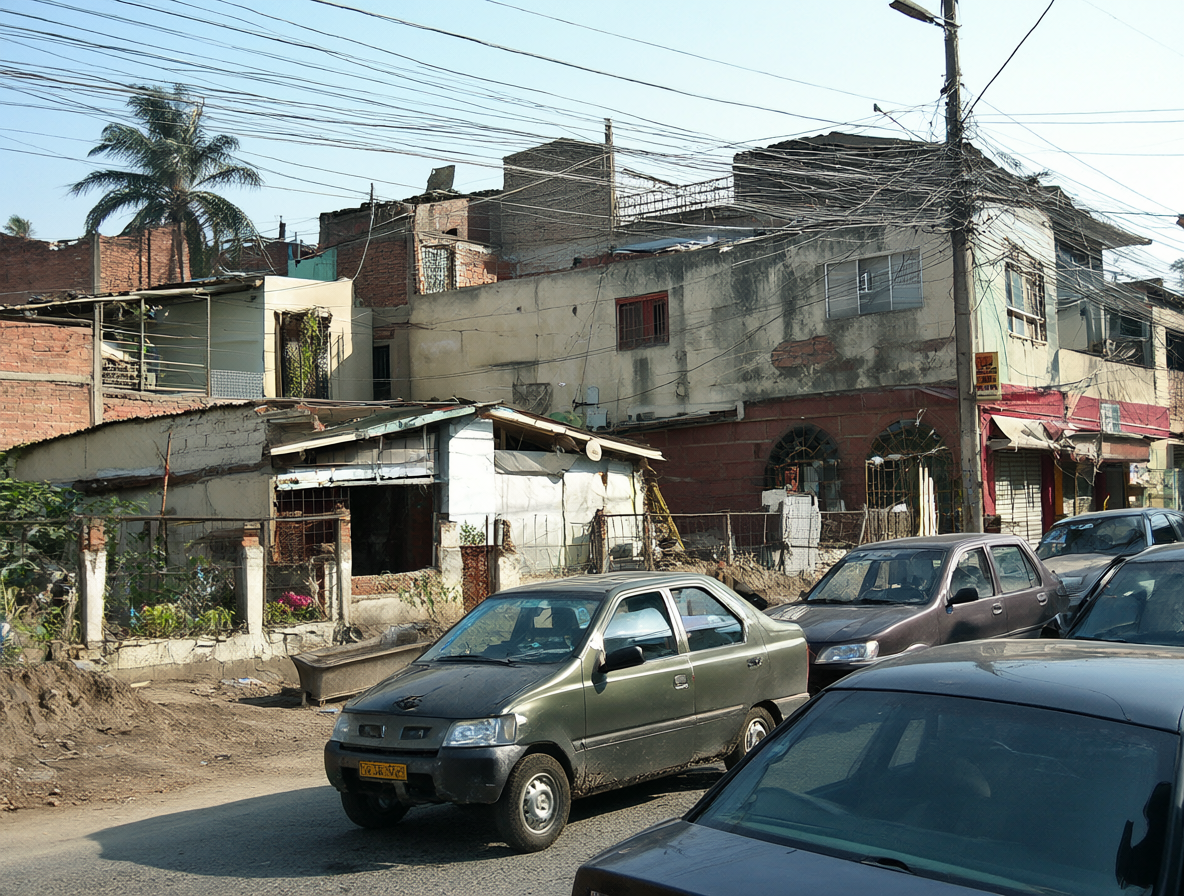 Calle de barrio chileno histórica con elementos locales auténticos como micros y almacenes.