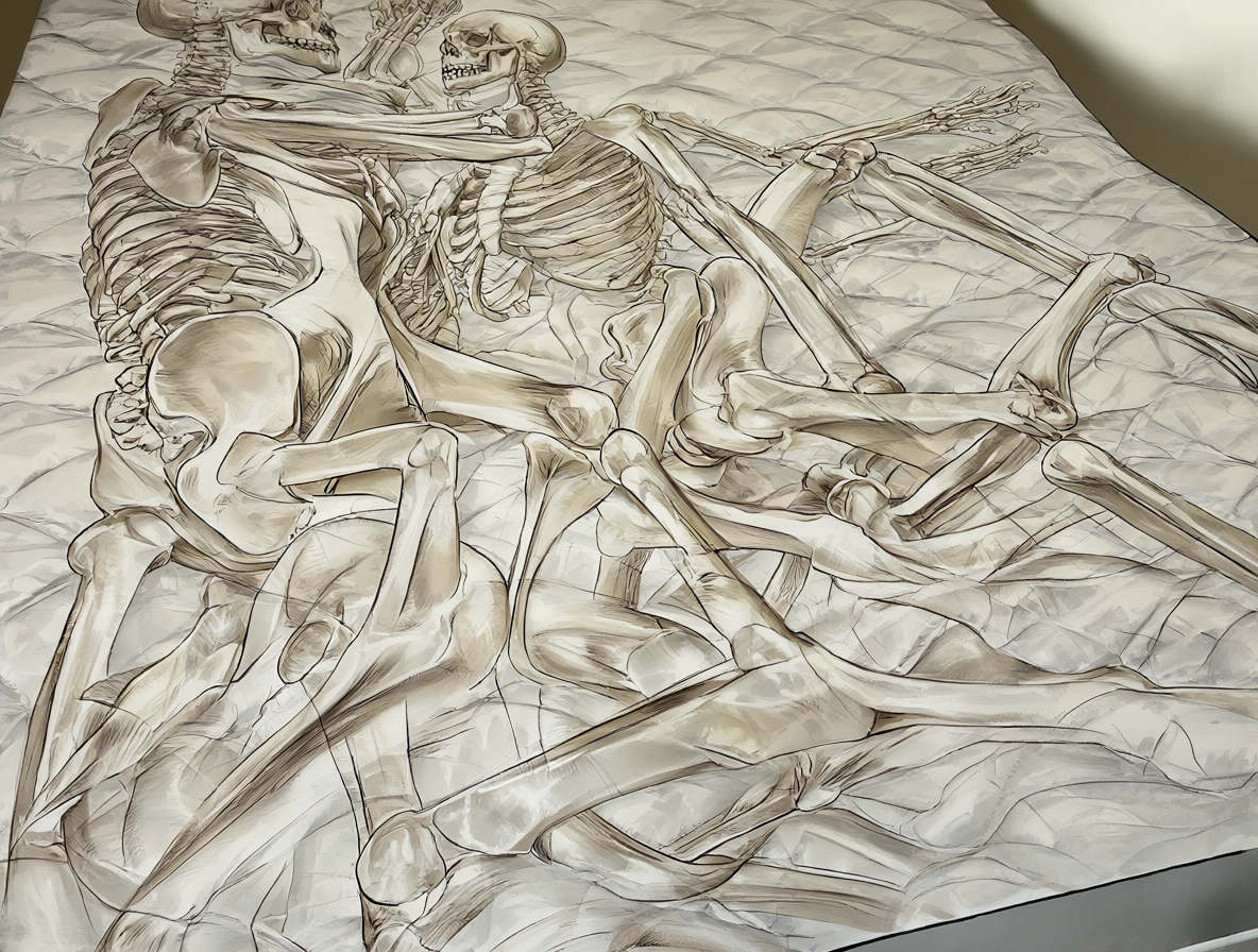 Digital illustration of two figures on a bed showing anatomical geometry.