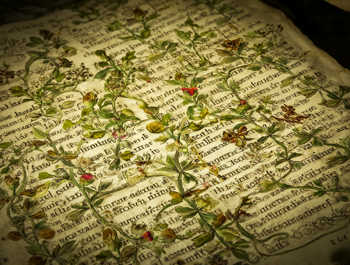 Página manuscrita antigua con texturas y flores creciendo sobre las líneas del texto.