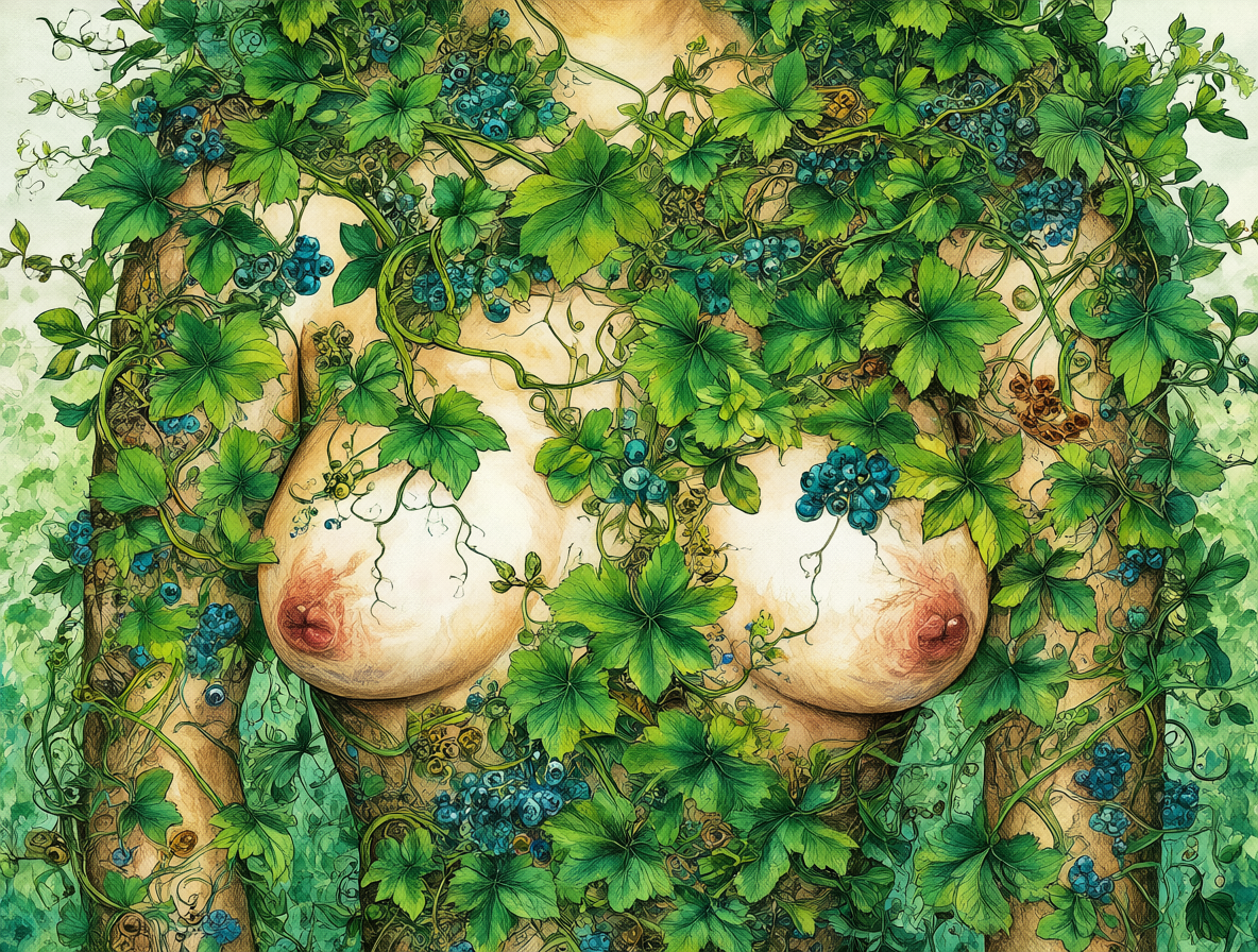 Ilustración artística donde un viñedo se funde con la anatomía humana.