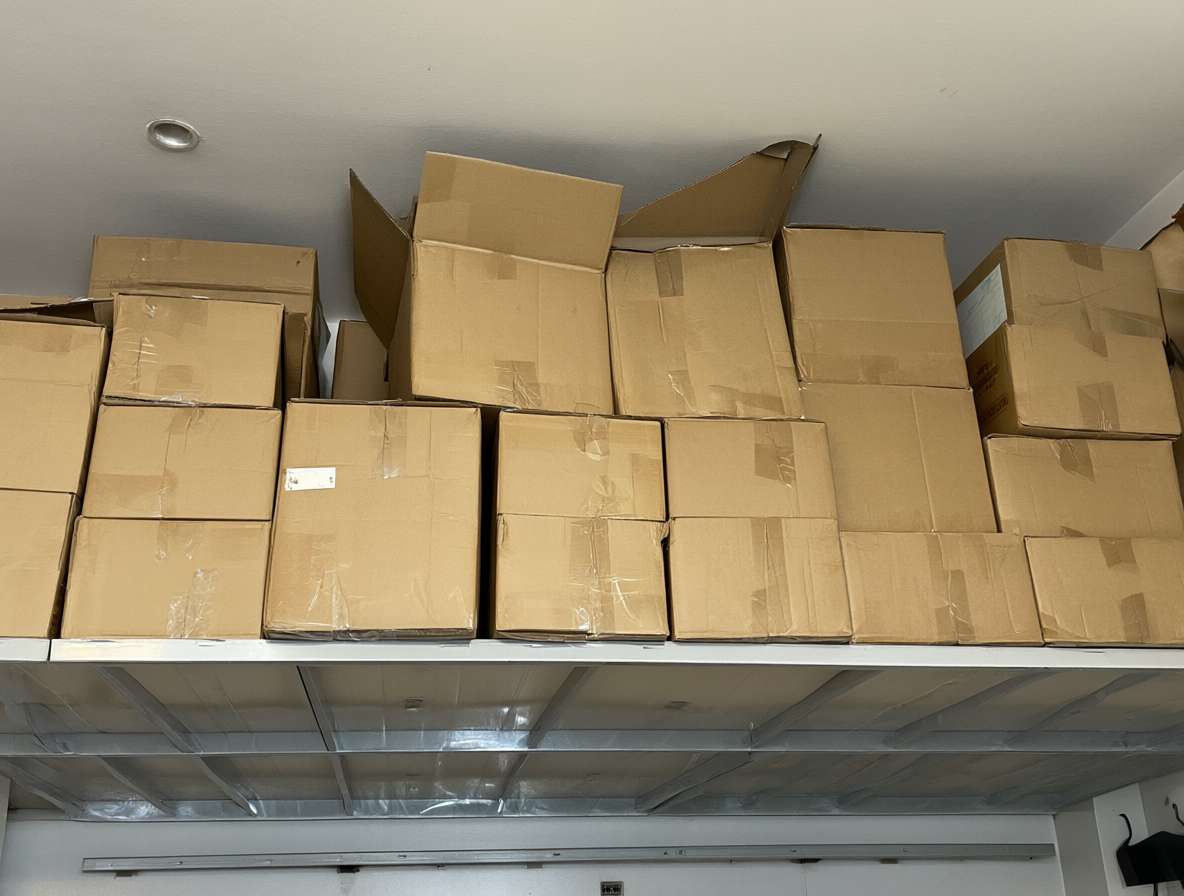 Cajas de cartón almacenadas correctamente en un armario o habitación seca