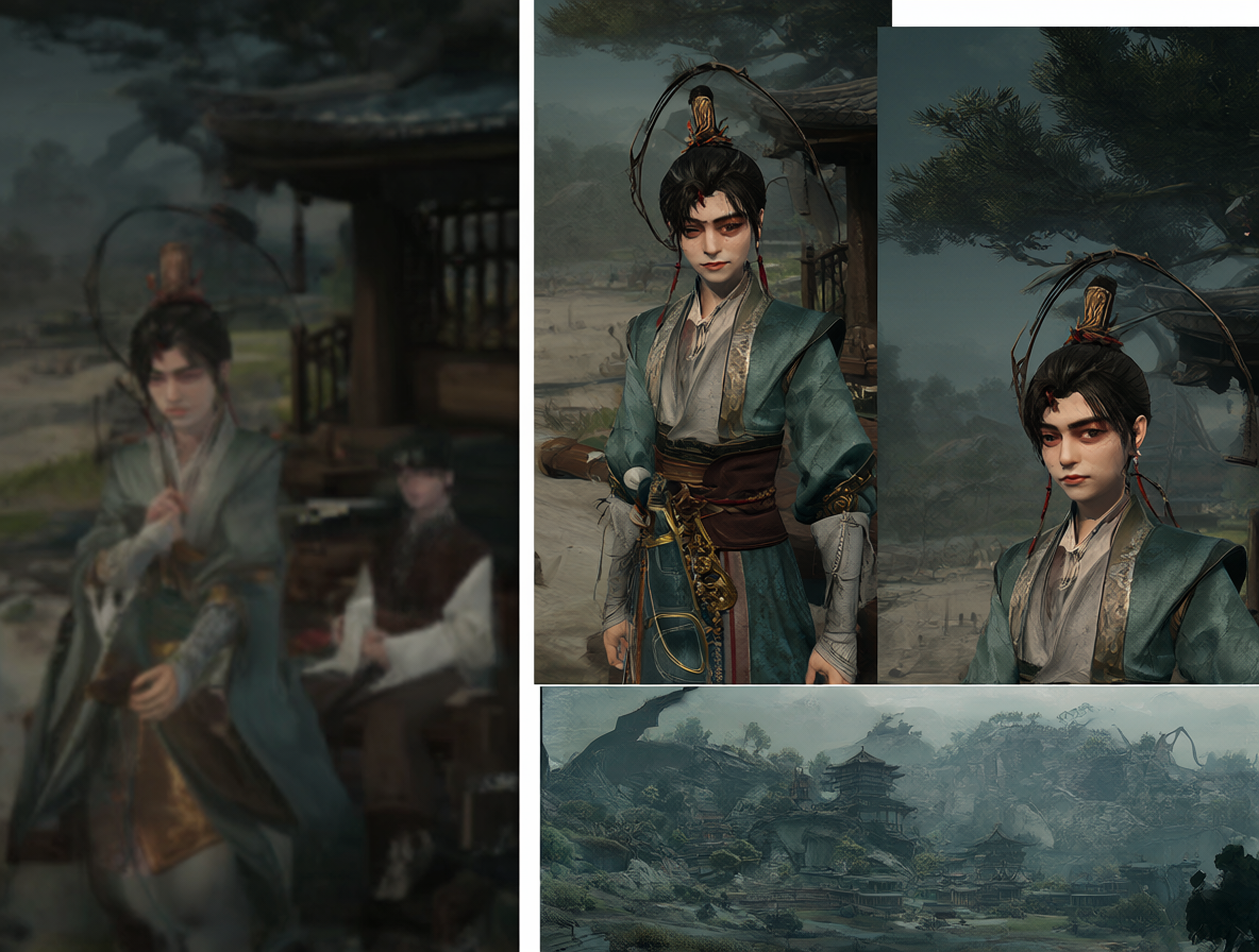 Imagen dividida mostrando el render original borroso junto con las imágenes de referencia en alta definición para los personajes y el escenario.