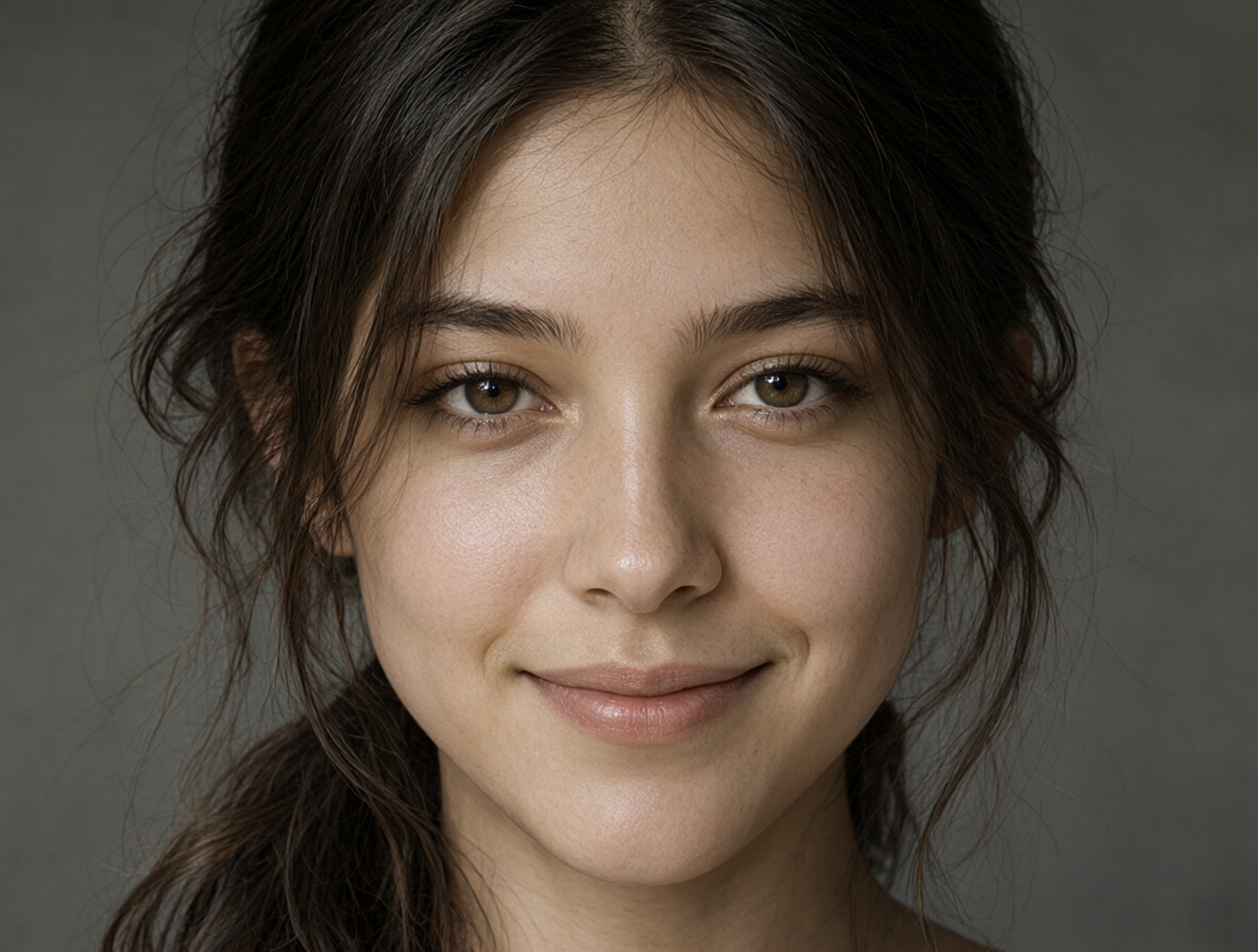 Portrait of a character showing a soft, closed-mouth smile with no visible teeth under soft lighting.