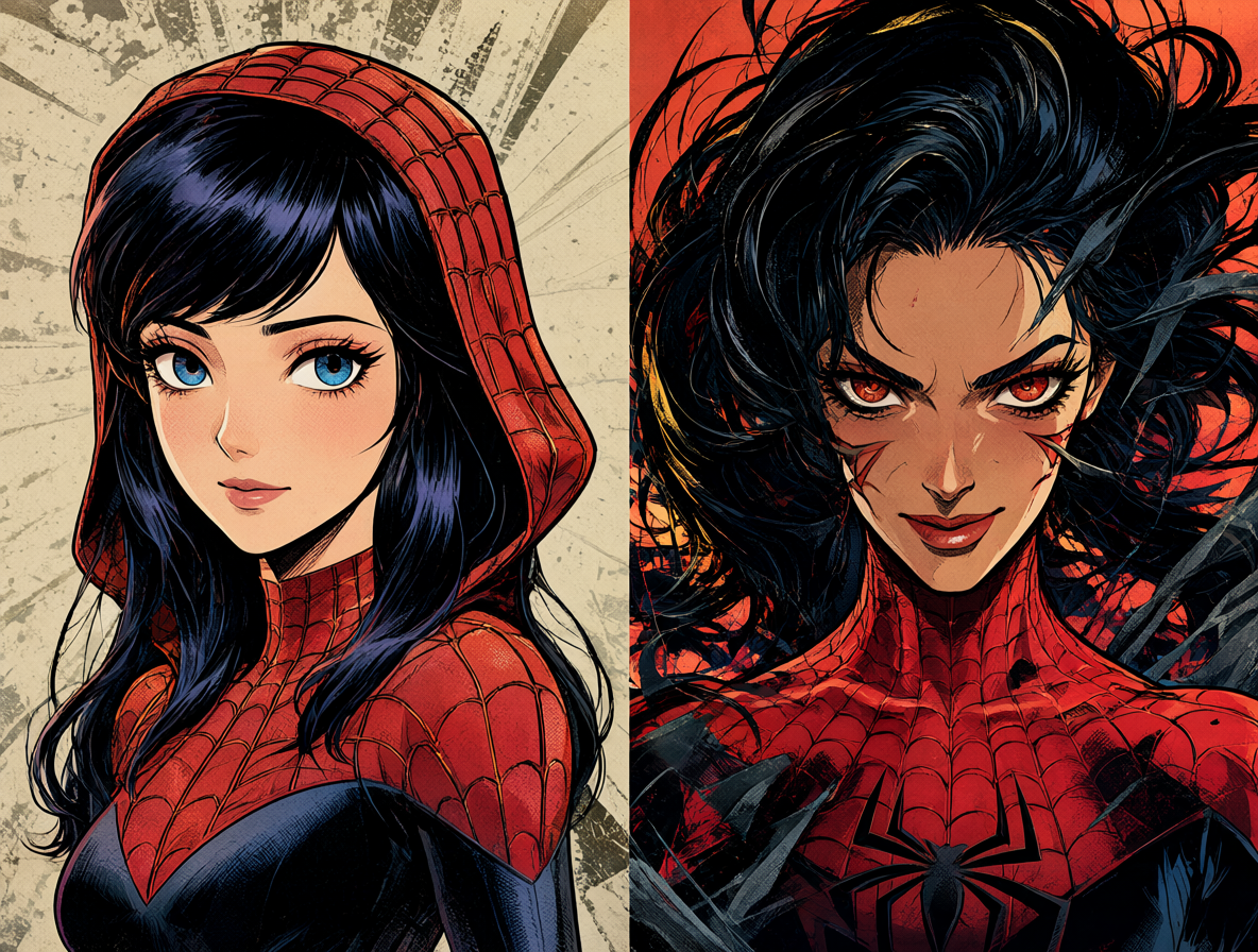Ilustración comparativa de las dos versiones principales de Spider-Gwen