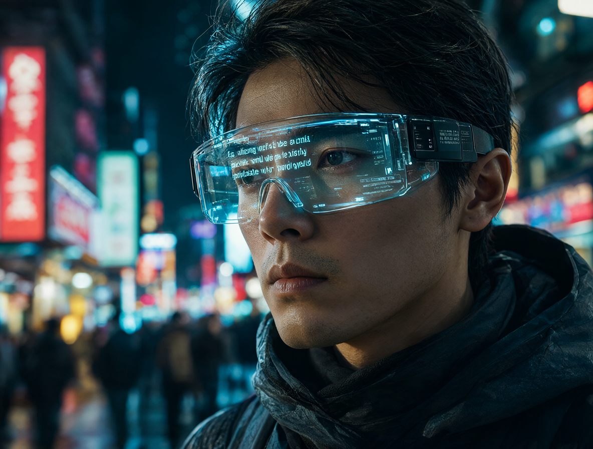 Persona usando gafas AR futuristas que muestran texto holográfico traducido sobre una señal de calle.