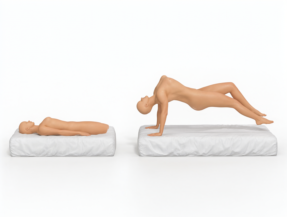 Diagrama técnico mostrando dos figuras humanas, una acostada plana sobre una cama y otra elevada en una postura de puente con un espacio visible entre su cuerpo y la superficie.