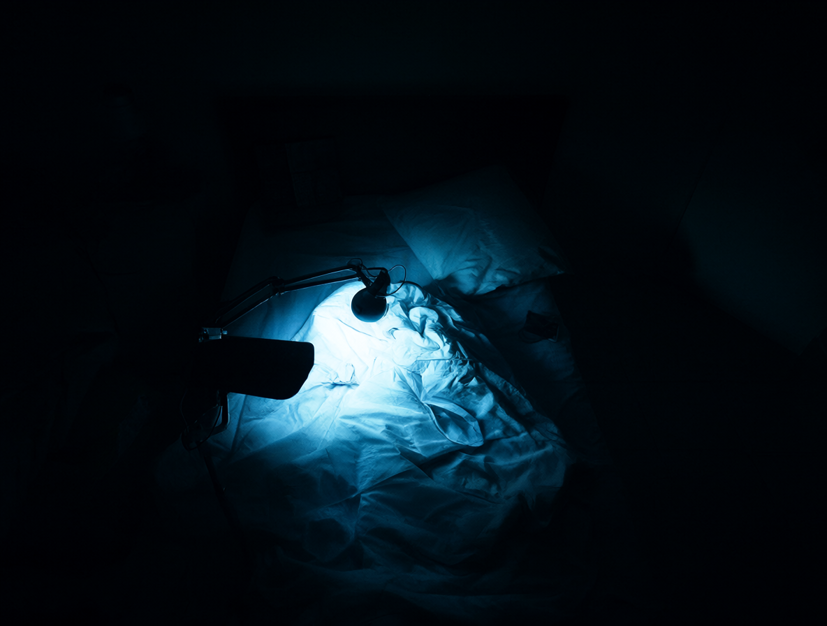 Una habitación oscura iluminada por una pantalla mostrando una grabación de cámara fija sobre una cama desordenada, evocando el estilo de found footage.
