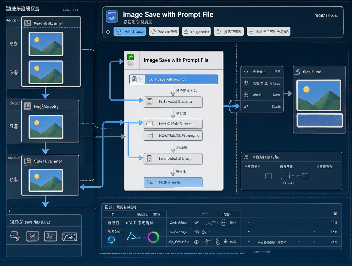 Diagrama técnico mostrando un flujo de trabajo en ComfyUI con el nodo WLSH Image Save with Prompt File conectando una imagen a su correspondiente archivo de texto.
