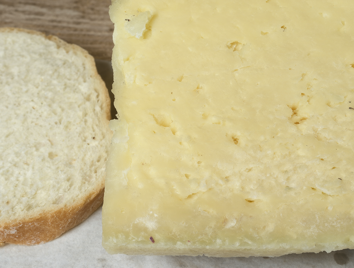 A close-up image showing a block of cheese and a slice of bread together.