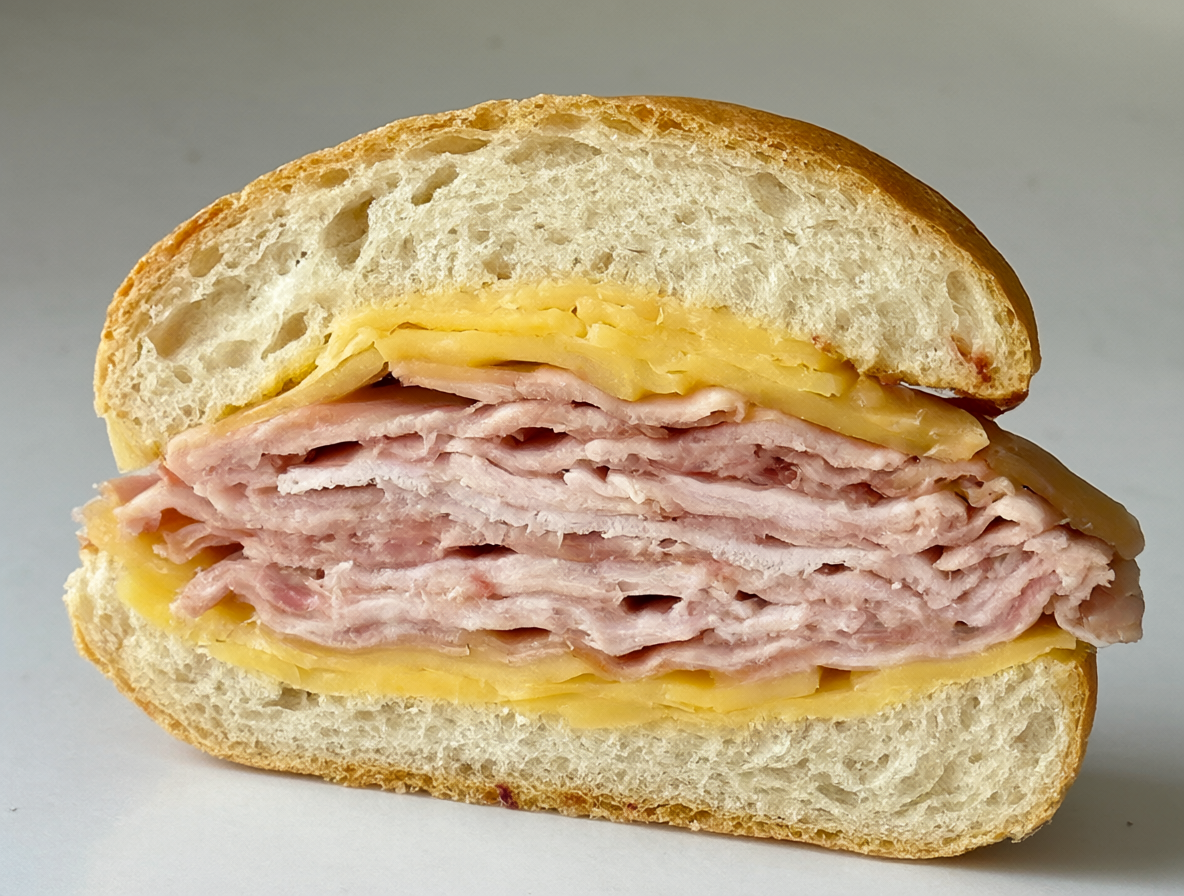A detailed view of a sandwich showing the bread, ham, and cheese layers.