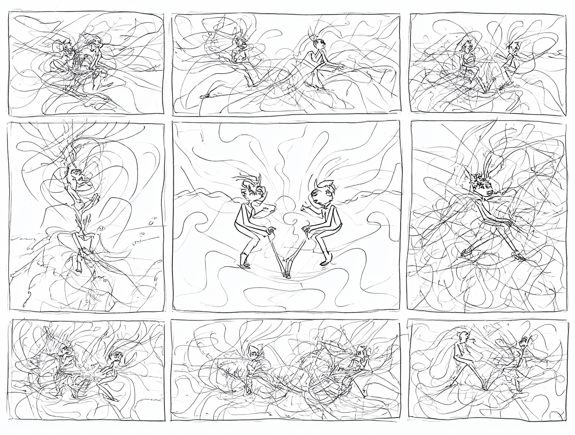 Ilustración en blanco y negro de un cómic reversible con una cuadrícula simétrica de seis paneles.