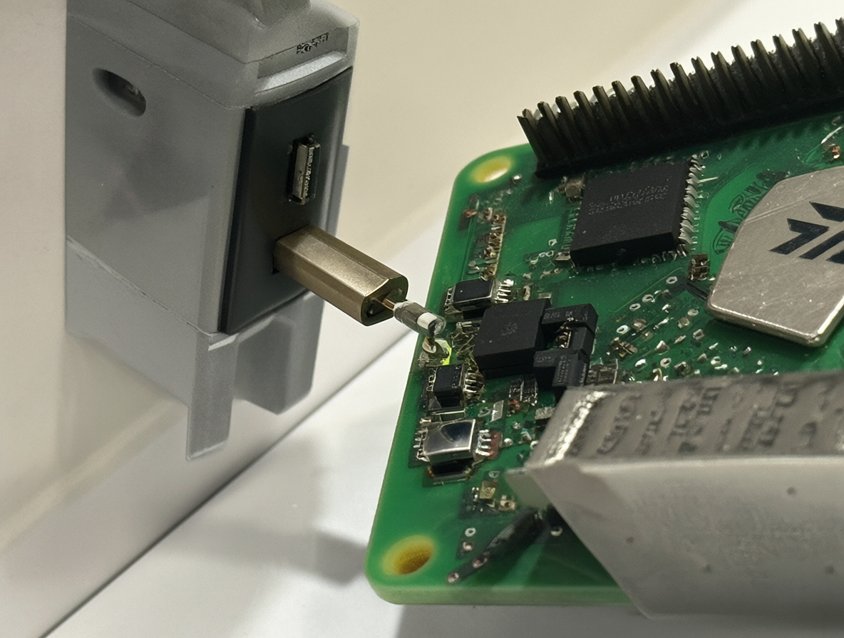 Raspberry Pi 3 conectada a un cargador USB y su cable micro-USB