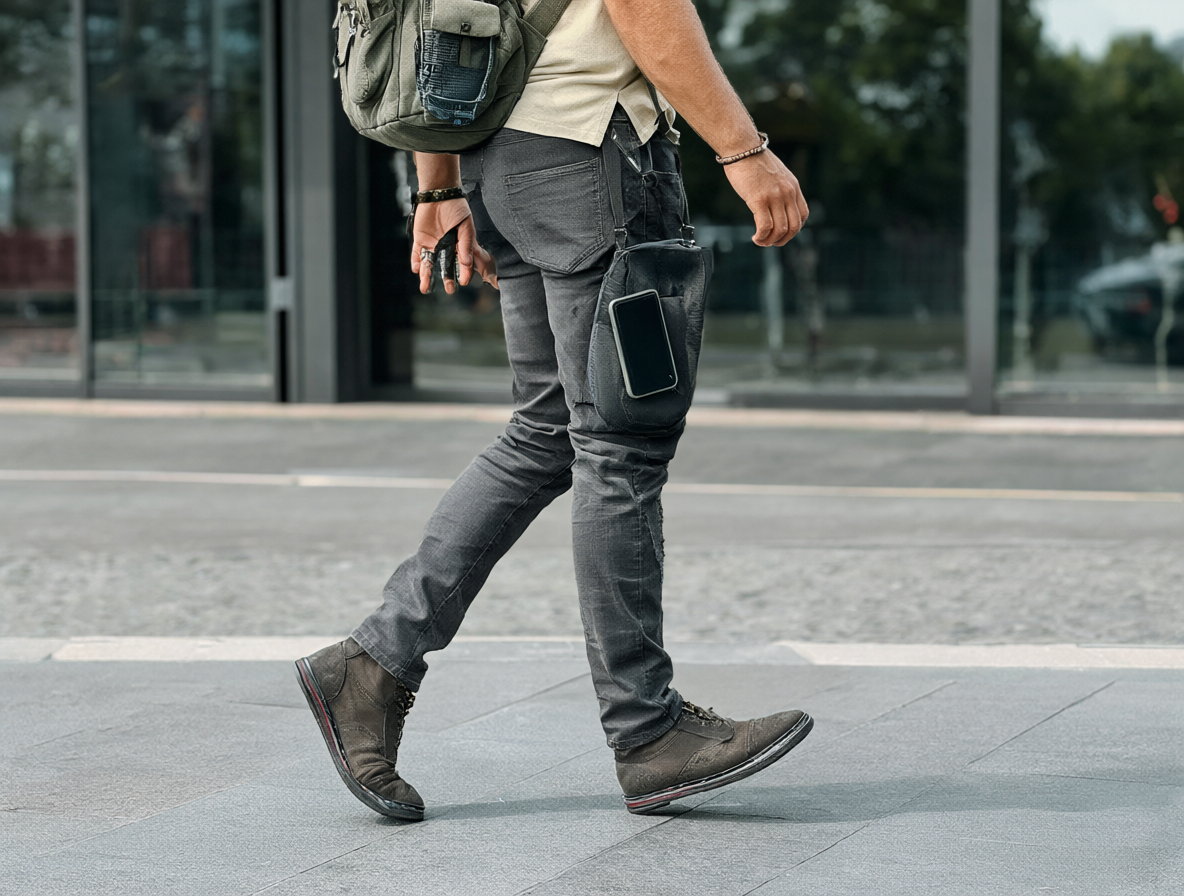 Persona usando una bandolera discreta sobre ropa moderna sin bolsillos mientras camina por la calle.