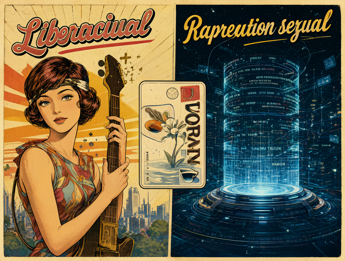 Comparativa visual entre la liberación sexual histórica y la regulación algorítmica moderna.