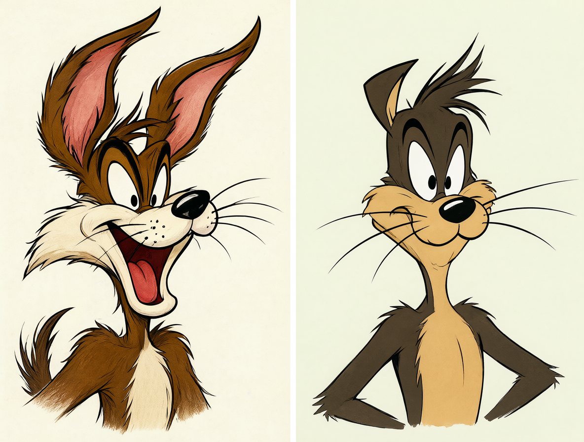 Comparativa visual entre dos versiones de Wile E. Coyote, mostrando el cambio en su diseño artístico.