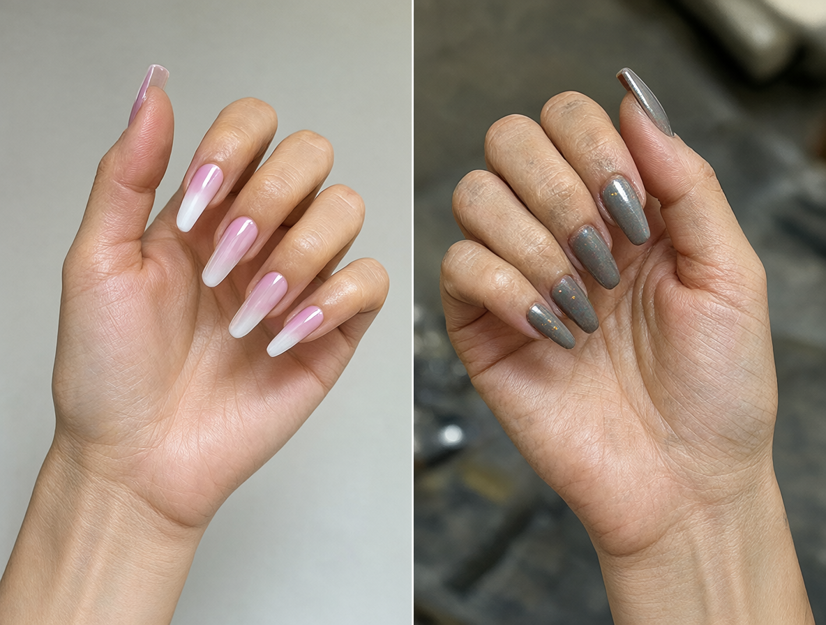 Imagen comparativa mostrando dos manos: una con manicura elaborada y otra preparada para el trabajo físico.