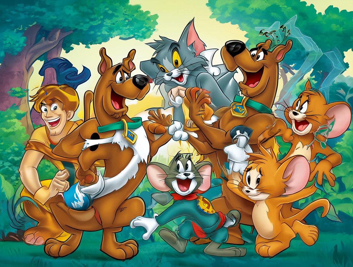 Representación visual de Scooby-Doo, Tom y Jerry conectados a través del personaje central Jonny Quest.