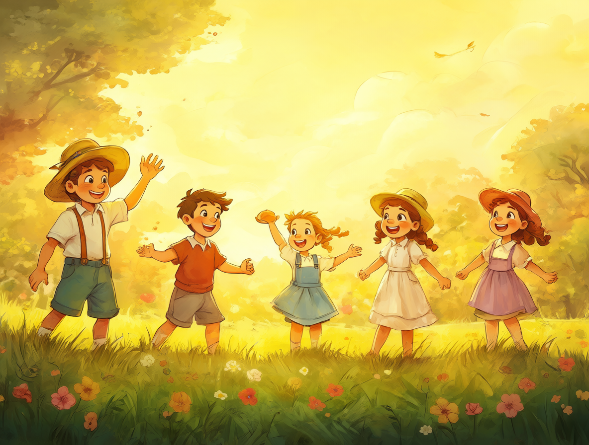 Niños jugando en un campo abierto bajo el sol, representando una época perdida.