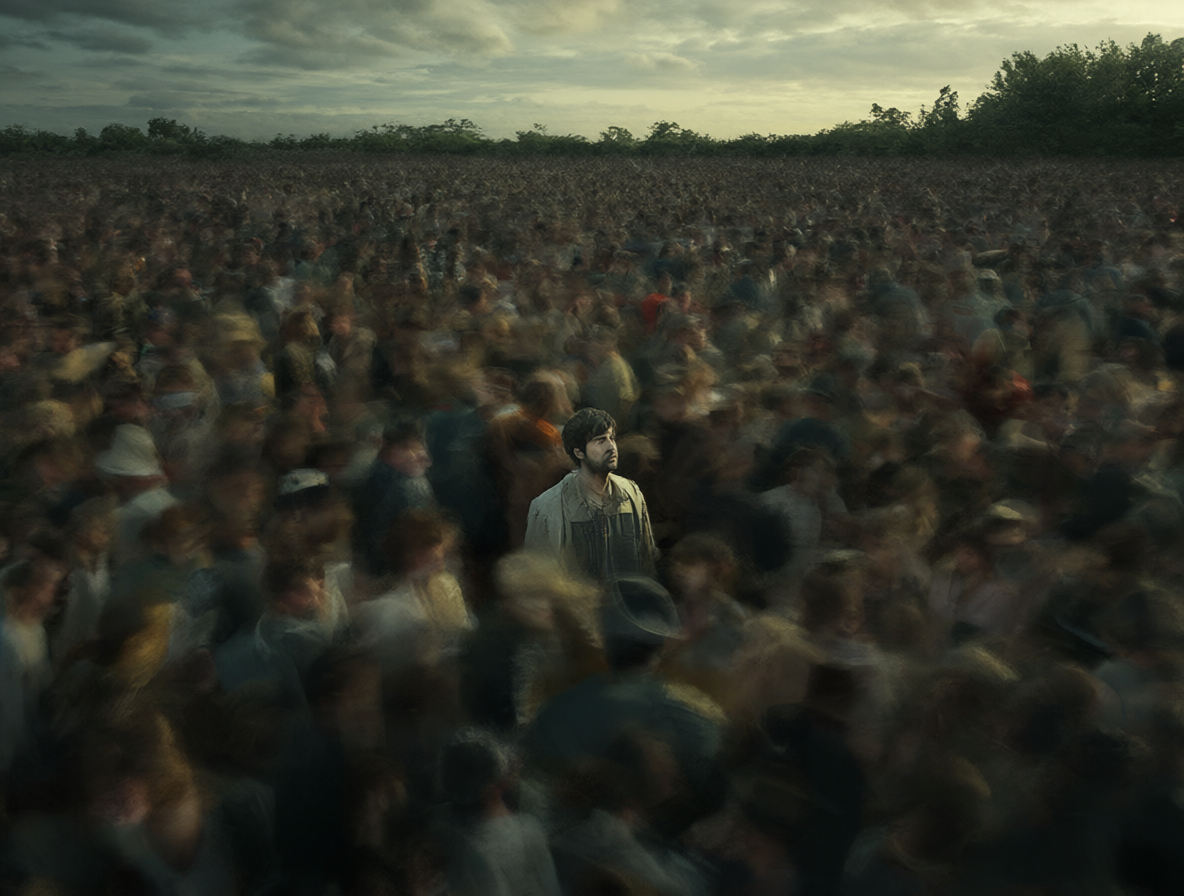 Un personaje solitario rodeado por una multitud borrosa que cambia constantemente, sintiendo presión social.