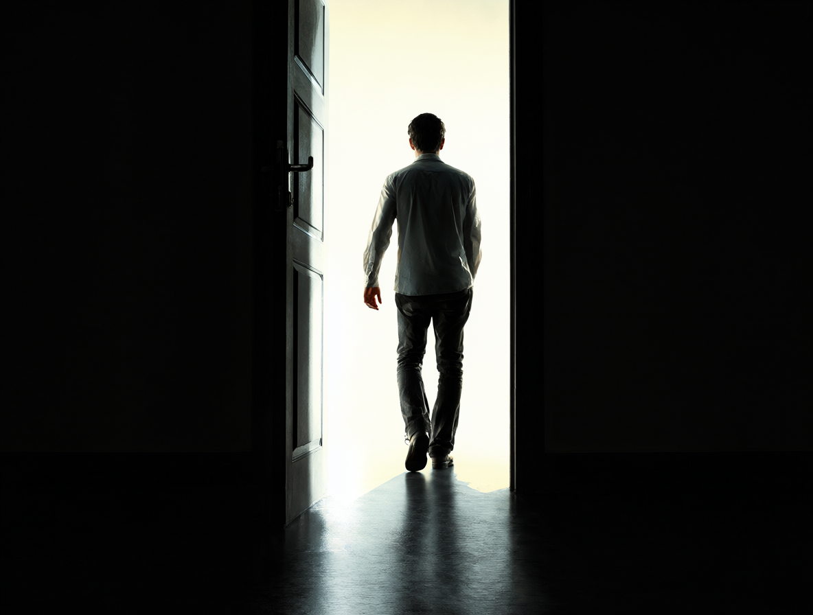 Un personaje dando un paso firme hacia la luz, simbolizando su decisión de cambiar y empezar de nuevo.