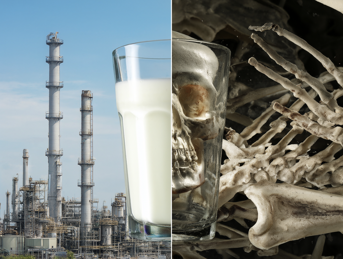 Composición dividida con un vaso de leche y una fábrica al lado de un esqueleto.
