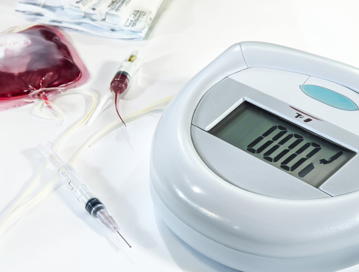 Una báscula digital mostrando un peso con material médico al fondo