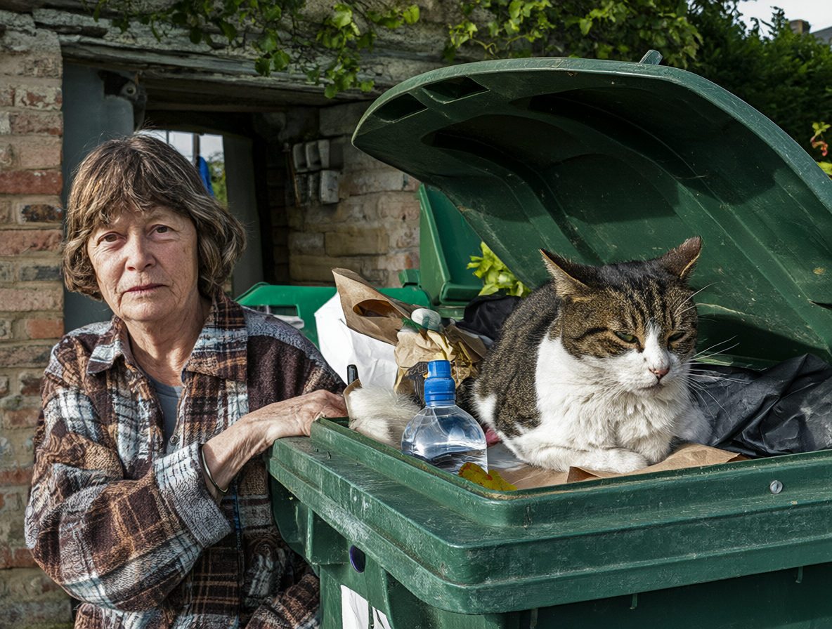 Foto de Mary Bale junto al contenedor de basura donde se encontró el gato Lola