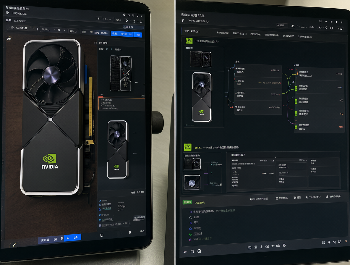 Imagen mostrando una tarjeta gráfica RTX 3090 con dos interfaces divididas para comparar el software.