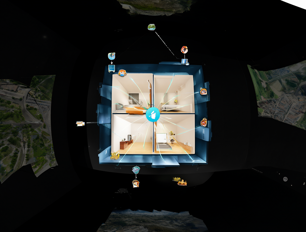 Diagrama técnico mostrando cómo usar IA y herramientas 3D para crear una habitación panorámica.