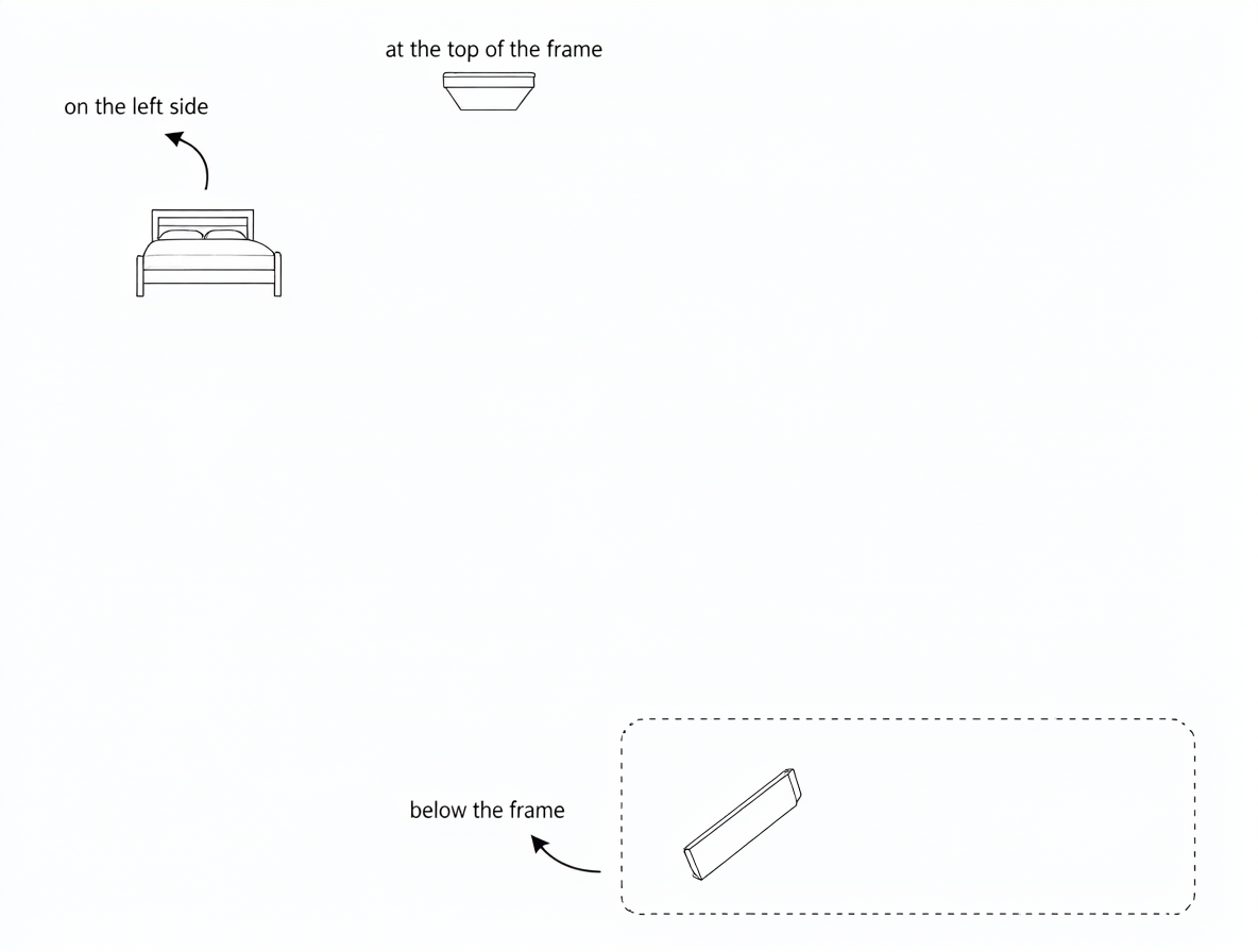 Diagram illustrating how prepositions like 'on', 'in', 'top half', and 'below the frame' affect AI prompt interpretation.