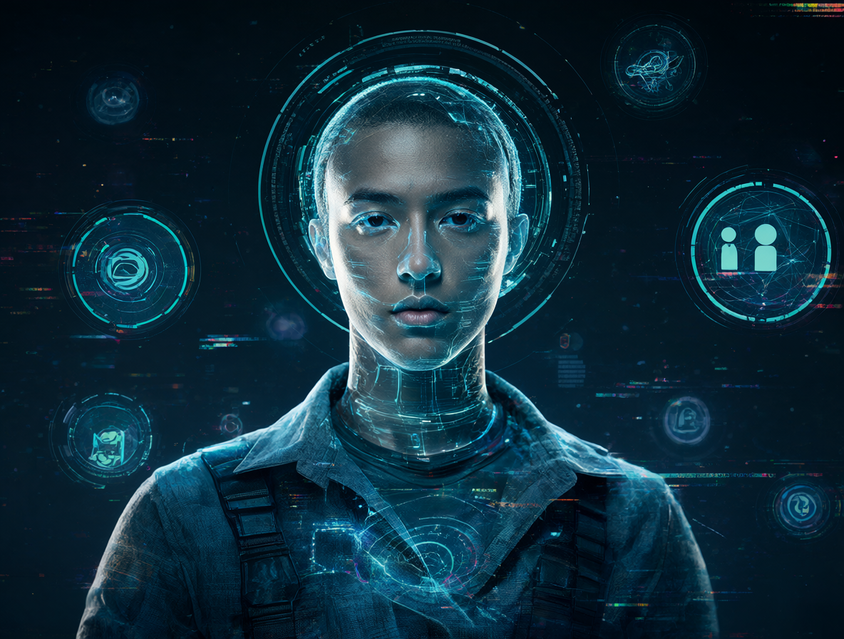 Una figura futurista rodeada de símbolos digitales y efectos visuales