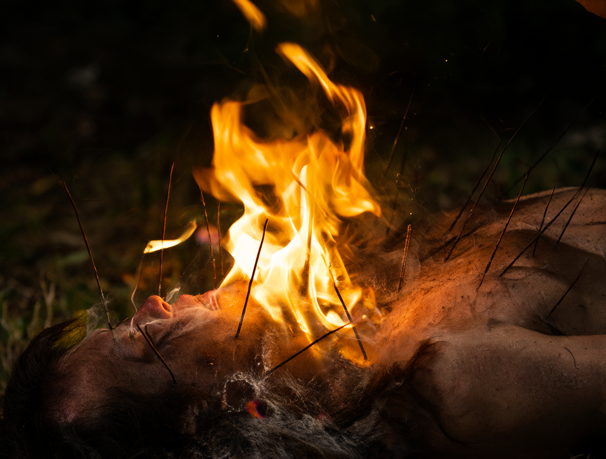 Un cuerpo humano ardiendo con agujas clavadas en la carne