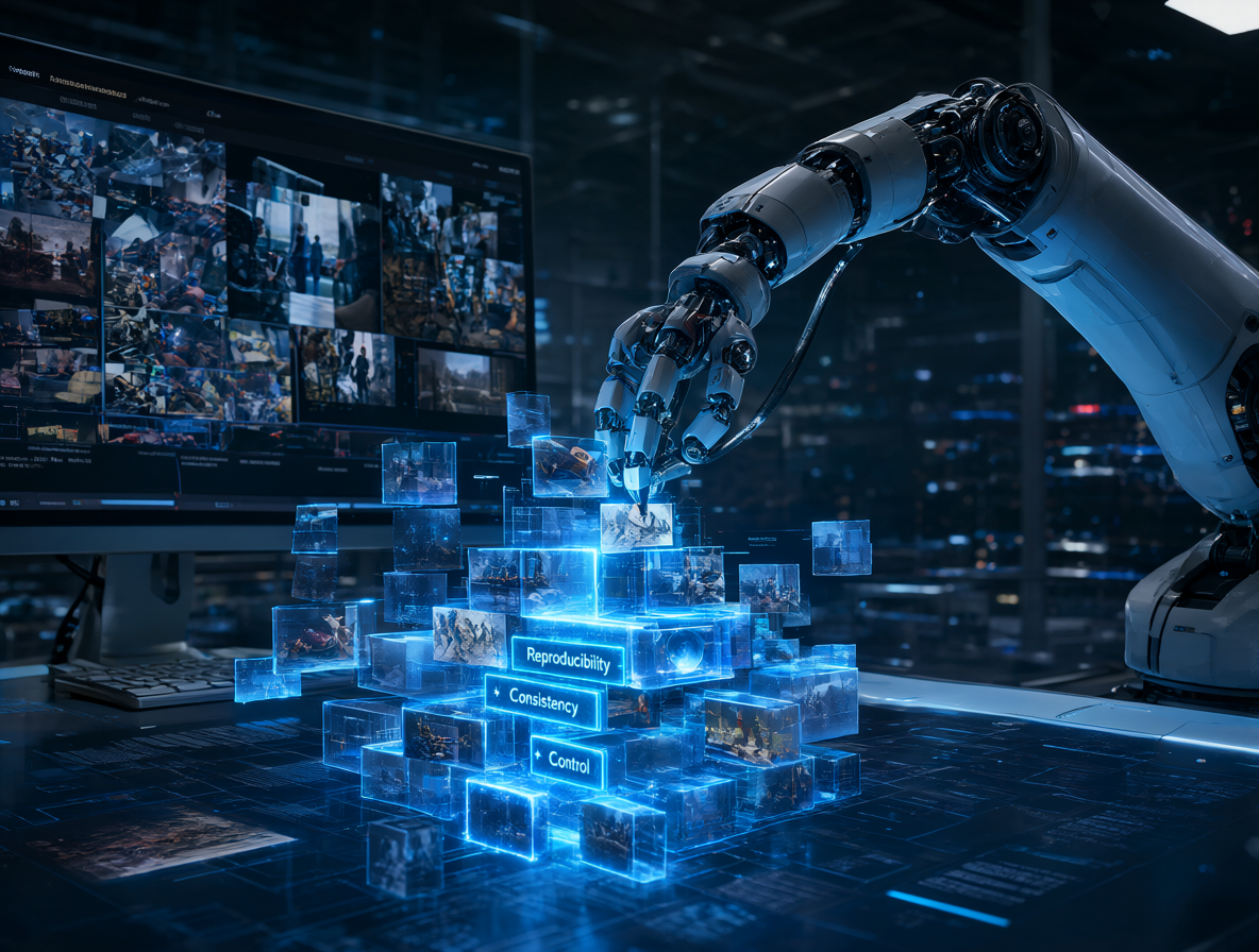 Vista de un entorno digital futurista donde una brazo robótico ensambla bloques holográficos etiquetados 'Reproducibilidad', 'Consistencia' y 'Control'.