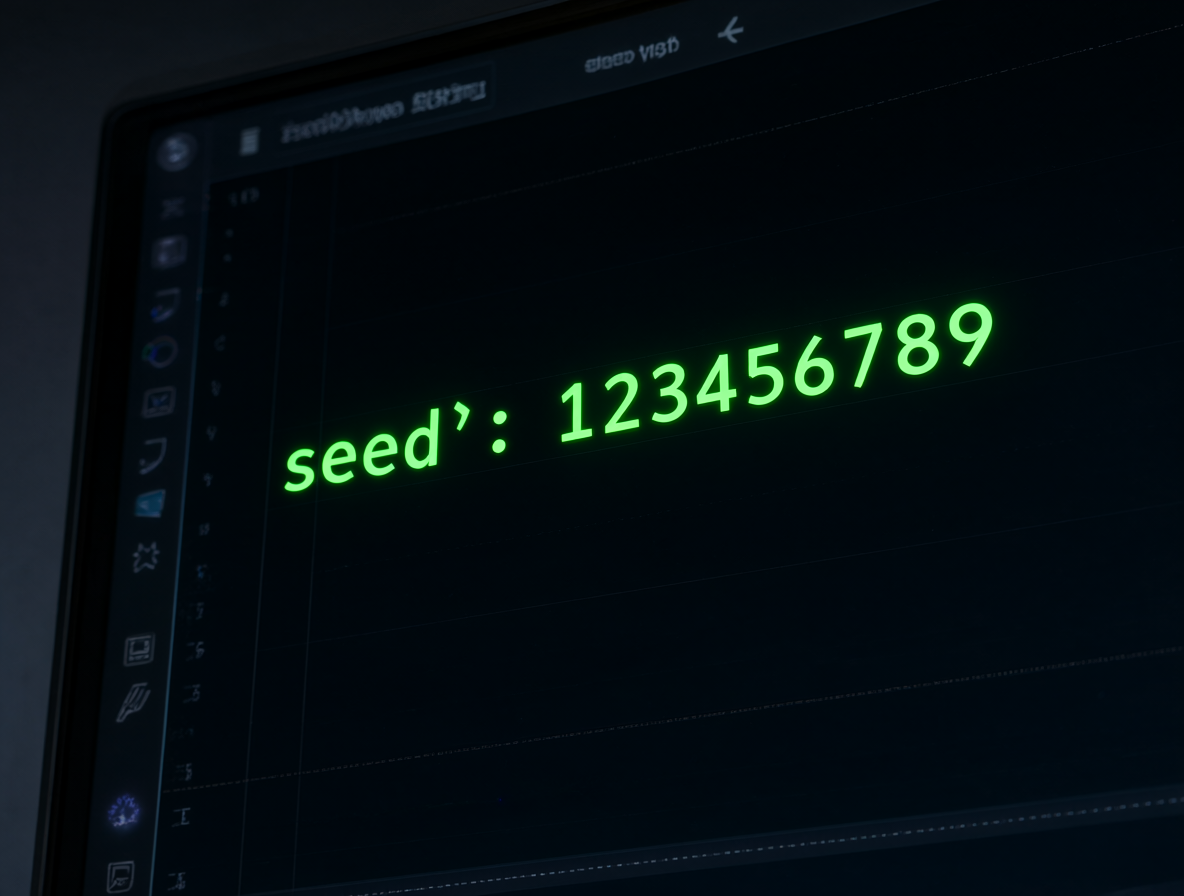Una interfaz digital oscura resaltando un fragmento de código JSON con una semilla en verde neón.